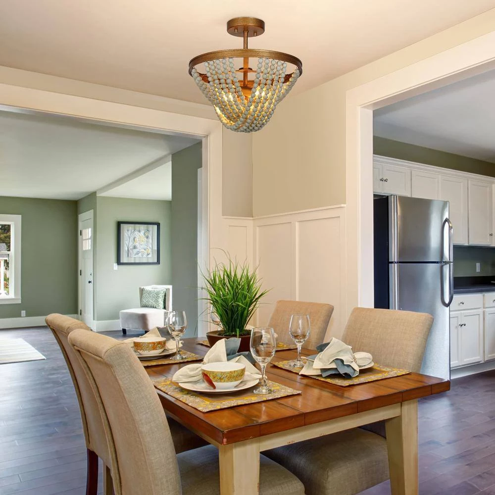 Modern Farmhouse Kitchen Ceiling Light 2-Light Antique Gold Dome Semi-Flush Mount Light with White Wood Beads by Uolfin - Image 2