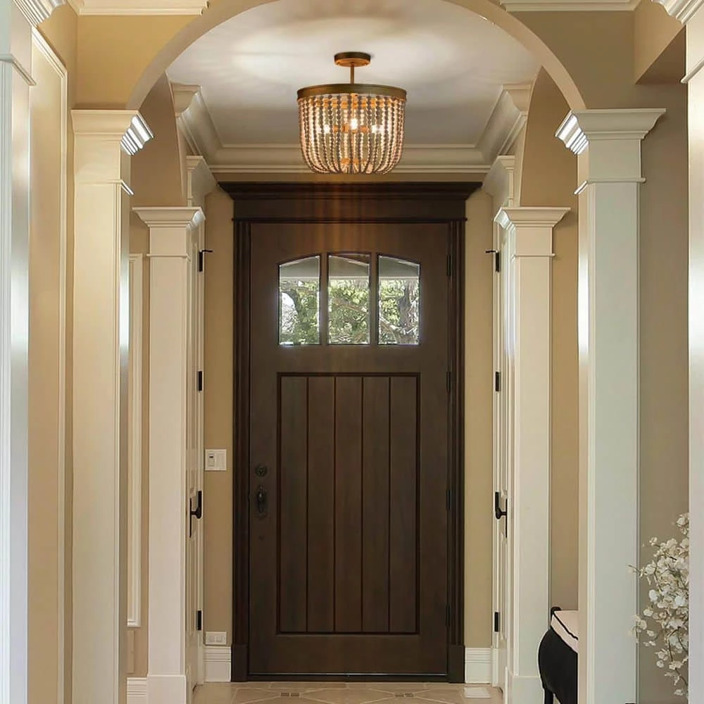 Modern Farmhouse Ceiling Light 4-Light Antique Gold Semi-Flush Mount Light with Weathered White Wood Beads by Uolfin - Image 3