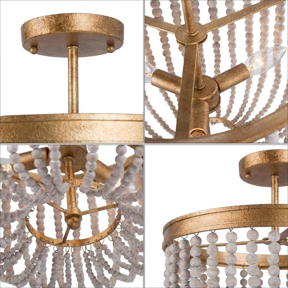 Modern Farmhouse Ceiling Light 4-Light Antique Gold Semi-Flush Mount Light with Weathered White Wood Beads by Uolfin - Image 5