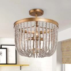 Modern Farmhouse Ceiling Light 4-Light Antique Gold Semi-Flush Mount Light with Weathered White Wood Beads by Uolfin