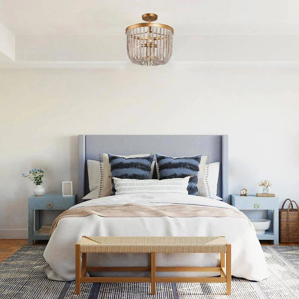 Modern Farmhouse Ceiling Light 4-Light Antique Gold Semi-Flush Mount Light with Weathered White Wood Beads by Uolfin - Image 2