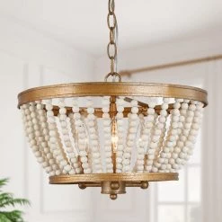 Boho Beaded Drum Chandelier Light 3-Light Modern Farmhouse Antique Gold Chandelier Light with White Wooden Beads by Uolfin