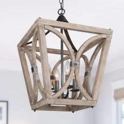 Modern Farmhouse Cage Dining Room Chandelier 4-Light Handcrafted Wood Chandelier by Uolfin