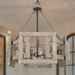 Wood Chandelier, Farmhouse 4-Light Wood Island Drum Rustic Metal Chandelier Dining Room Ceiling Light by Uolfin