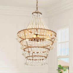 Modern Farmhouse Empire Beaded Chandelier, 3-Light Gold Transitional Tiered Boho Chandelier with Handmade Wood Beads by Uolfin