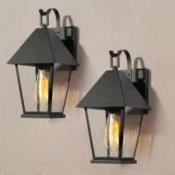 Modern Black Outdoor Pendant Light, Jared 1-Light Outdoor Wall Lantern Sconce Light with Seeded Glass Shade (2-Pack) by Uolfin