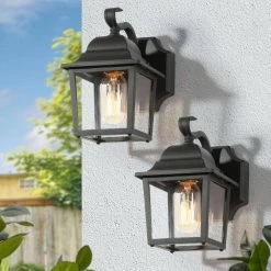 Farmhouse Cage Outdoor Wall Lights 1-Light Black Lantern Modern Outdoor Wall Lighting with Clear Glass Shade (2-Pack) by Uolfin