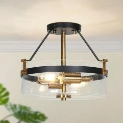 Modern Farmhouse Drum Semi-Flush Mount Light, 2-Light Black and Brass Gold Ceiling Light with Seeded Glass Shade by Uolfin