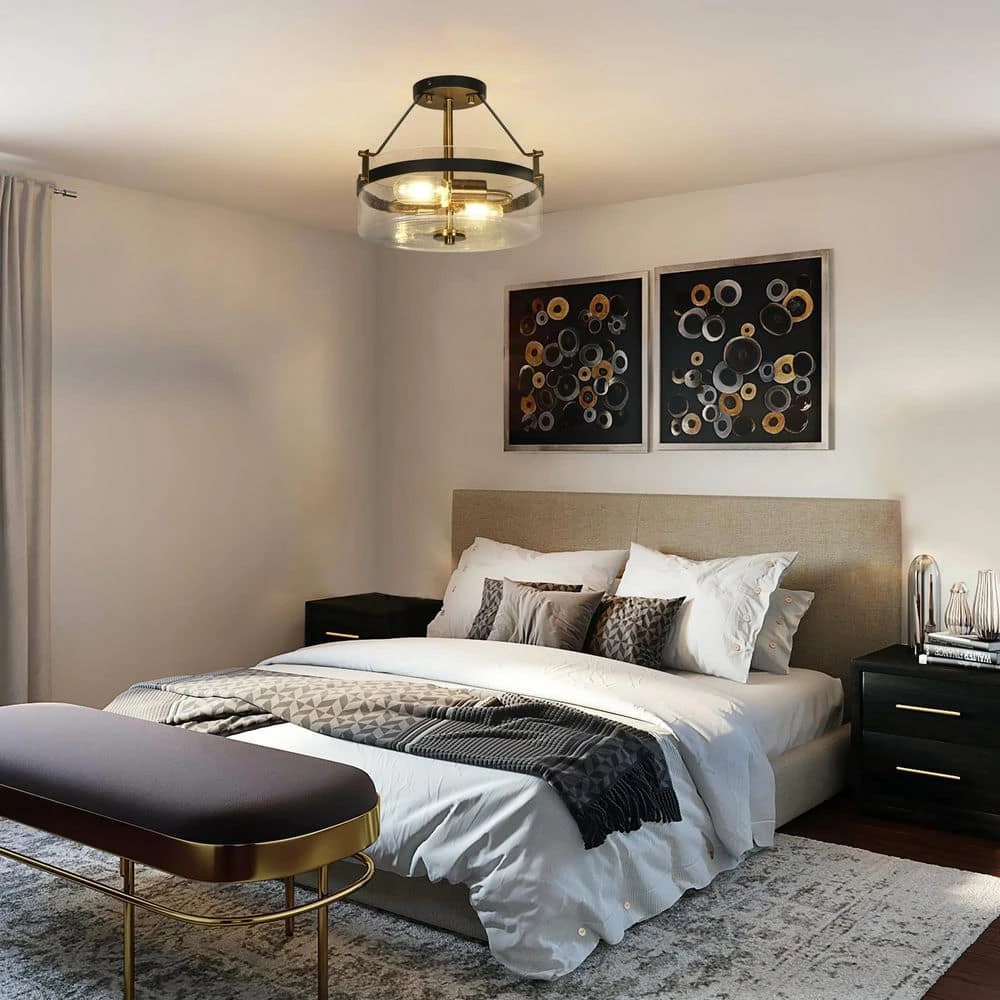 Modern Black Kitchen Chandelier, 2-Light Farmhouse Gold Bedroom Semi Flush Mount Light with Seeded Glass Shade by Uolfin - Image 3