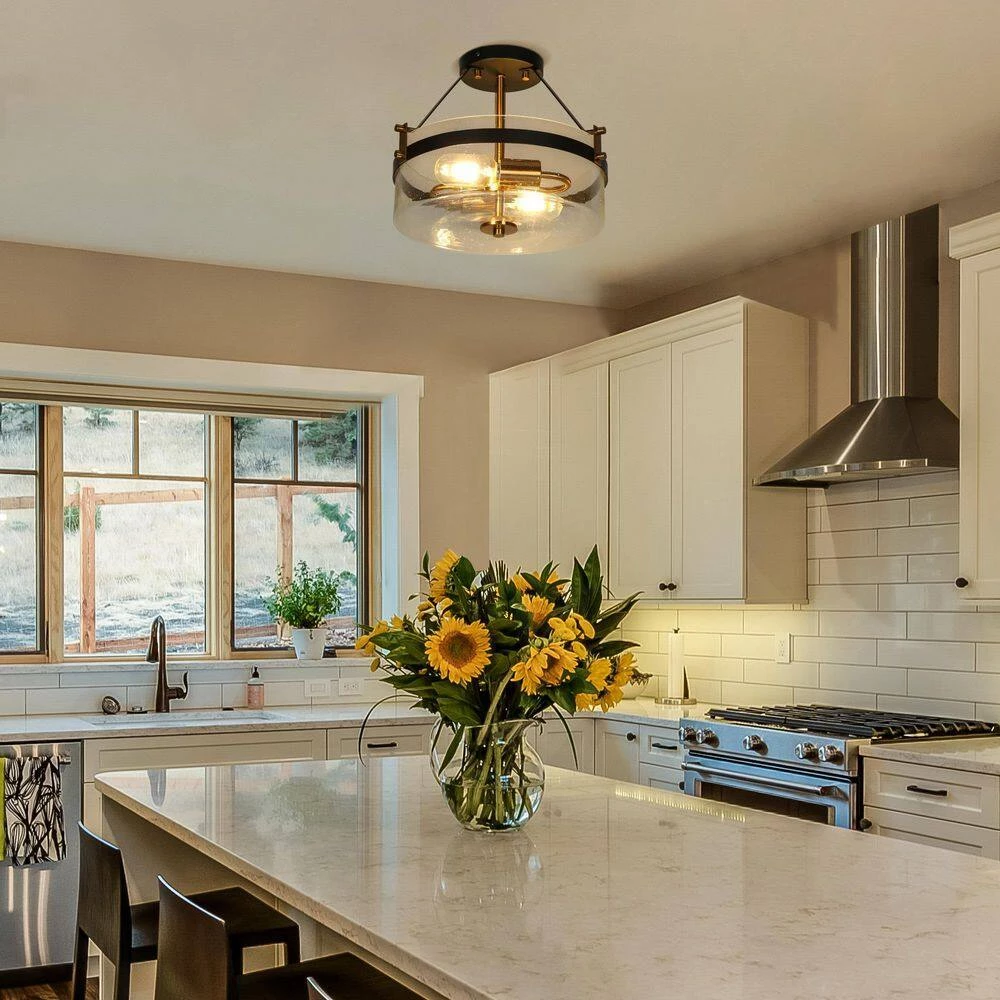 Modern Black Kitchen Chandelier, 2-Light Farmhouse Gold Bedroom Semi Flush Mount Light with Seeded Glass Shade by Uolfin - Image 8