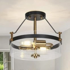 Modern Black Kitchen Chandelier, 2-Light Farmhouse Gold Bedroom Semi Flush Mount Light with Seeded Glass Shade by Uolfin