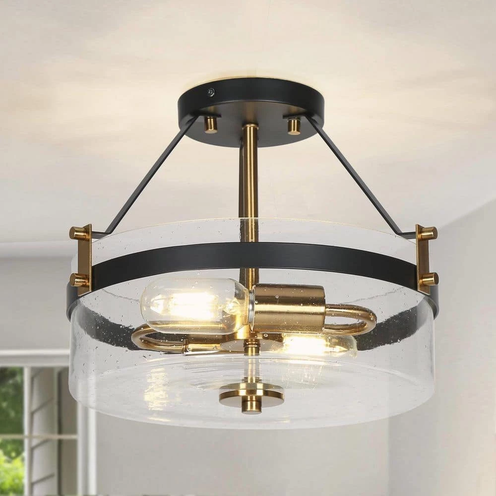 Modern Black Kitchen Chandelier, 2-Light Farmhouse Gold Bedroom Semi Flush Mount Light with Seeded Glass Shade by Uolfin