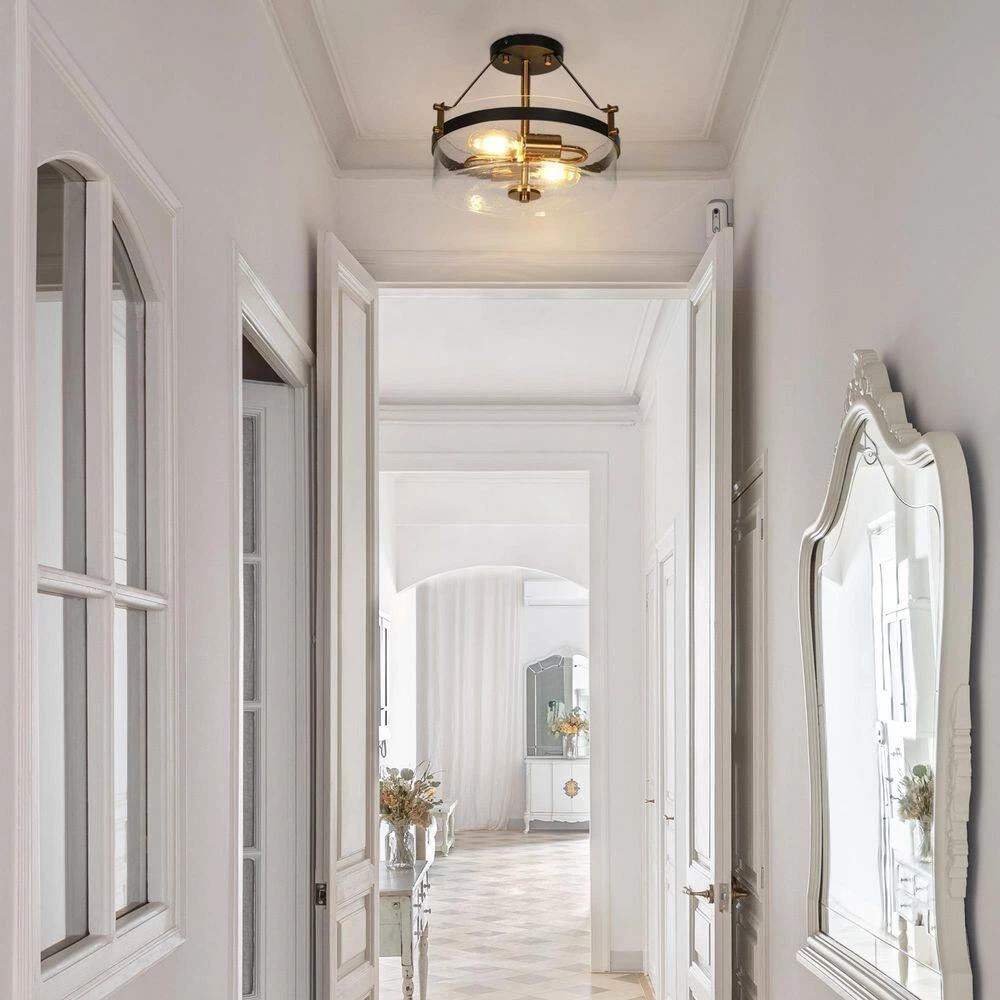 Modern Black Kitchen Chandelier, 2-Light Farmhouse Gold Bedroom Semi Flush Mount Light with Seeded Glass Shade by Uolfin - Image 4