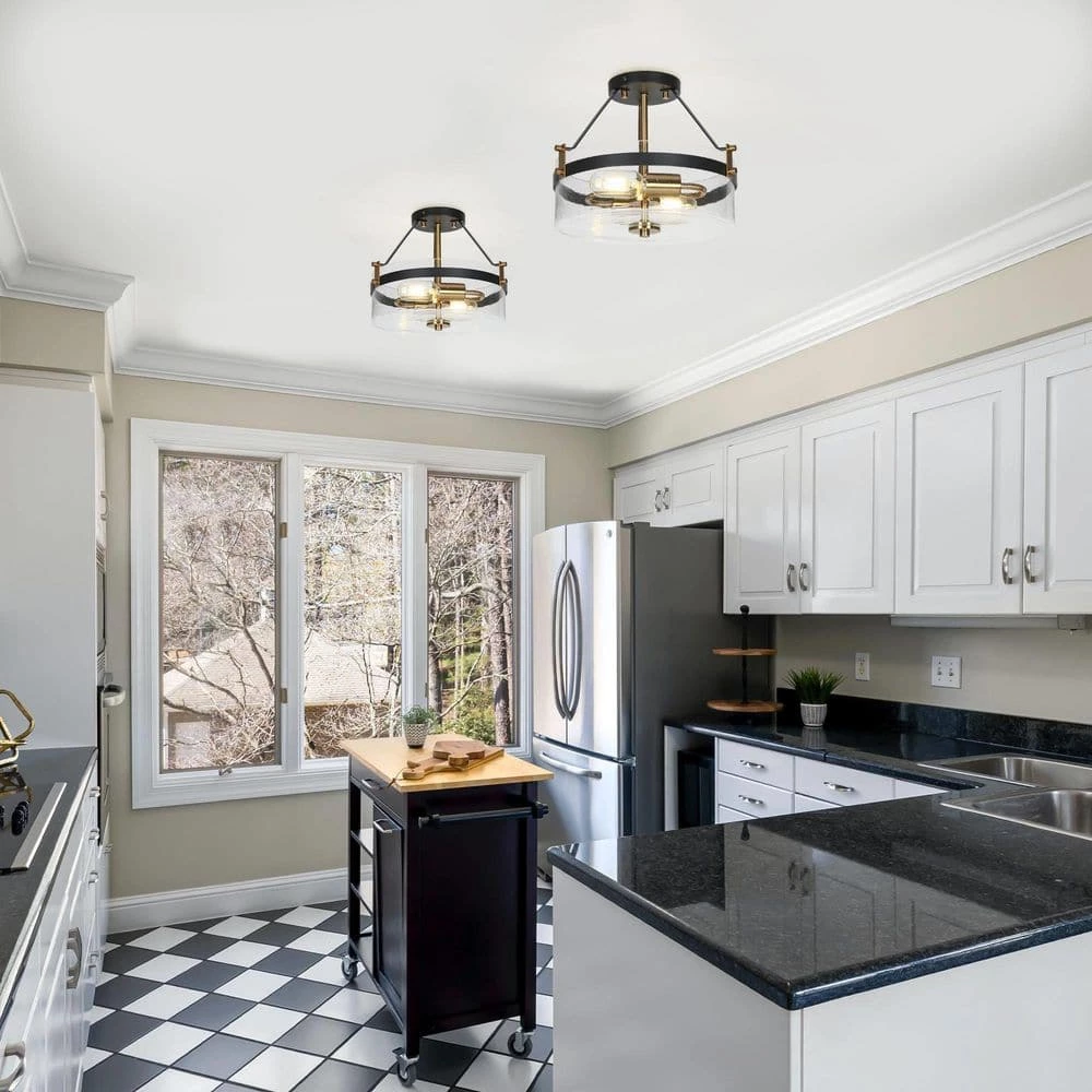Modern Black Kitchen Chandelier, 2-Light Farmhouse Gold Bedroom Semi Flush Mount Light with Seeded Glass Shade by Uolfin - Image 2