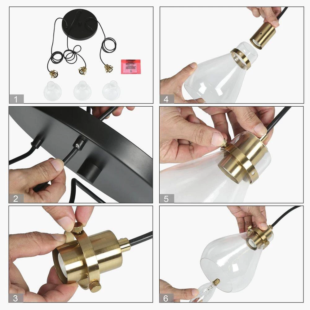 Modern Black and Brass Chandelier 3-Light Height Adjustable Ceiling Light with Teardrop Clear Glass Shades by Uolfin - Image 6