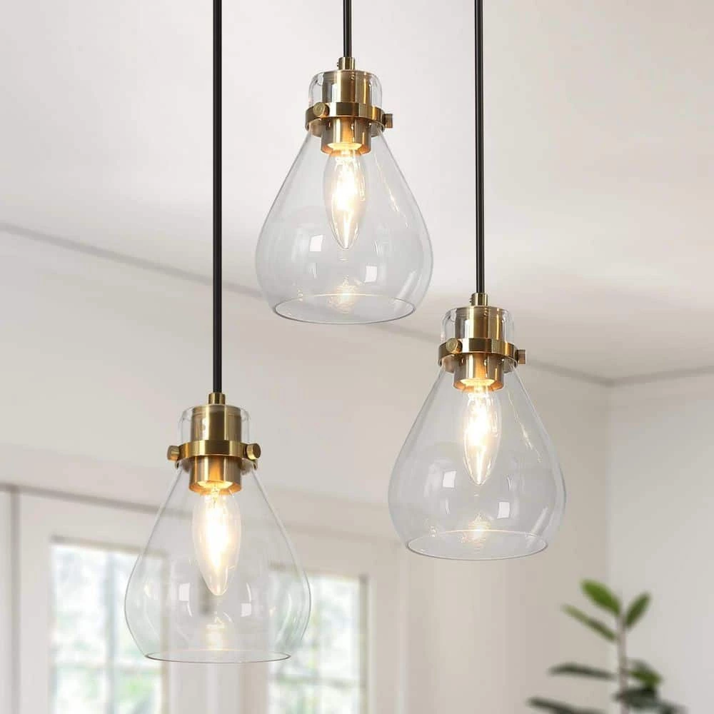 Modern Black and Brass Chandelier 3-Light Height Adjustable Ceiling Light with Teardrop Clear Glass Shades by Uolfin