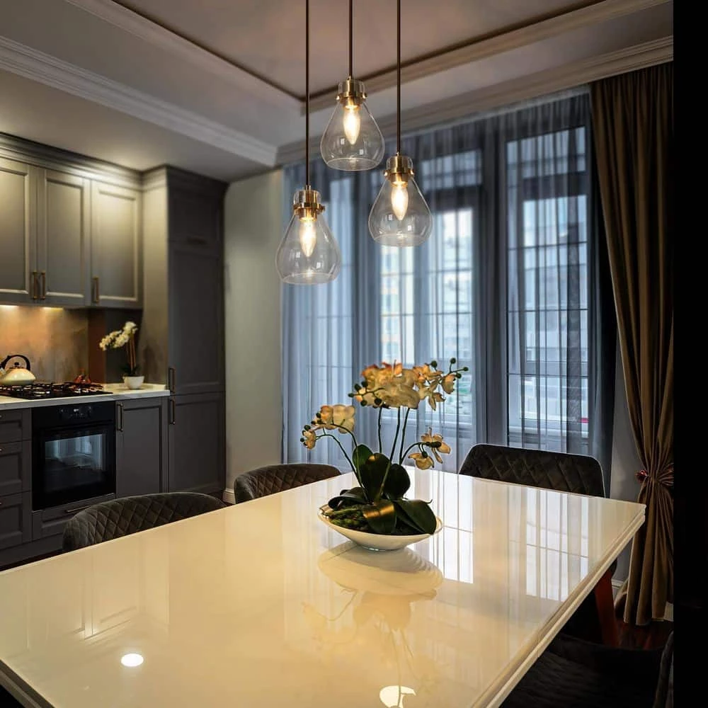 Modern Black and Brass Chandelier 3-Light Height Adjustable Ceiling Light with Teardrop Clear Glass Shades by Uolfin - Image 2