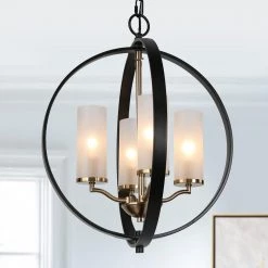 Modern Globe Chandelier Light 4-Light Matte Black & Electroplate Brass Modern Circle Chandelier with Candlestick Design by Uolfin