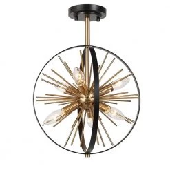 15 in. 6-Light Black & Brass Semi-Flush Mount Light with Sputnik Design by Uolfin