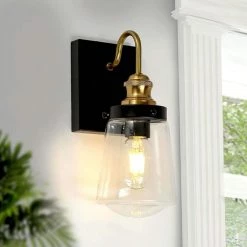 Modern Bell Bathroom Vanity Light 2-Light Black and Brass Cylinder Wall Sconce Light with Clear Glass Shades by Uolfin