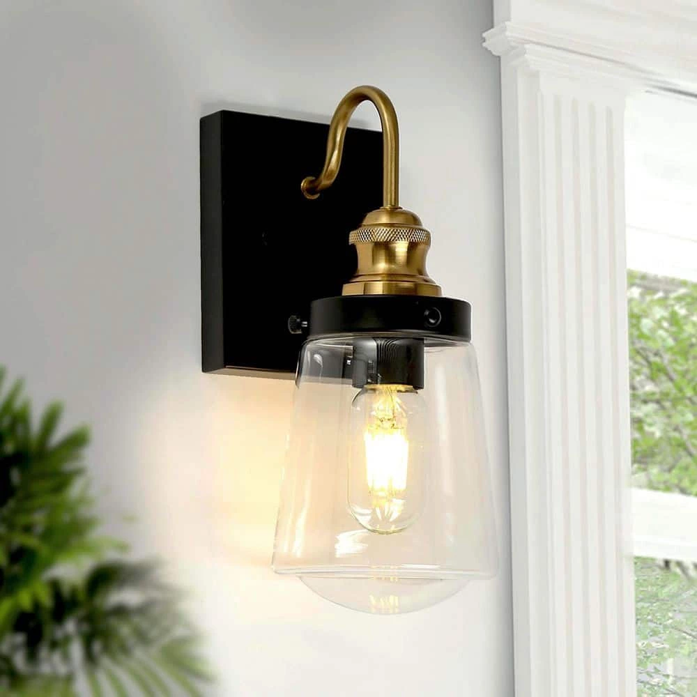 Modern Bell Bathroom Vanity Light 2-Light Black and Brass Cylinder Wall Sconce Light with Clear Glass Shades by Uolfin