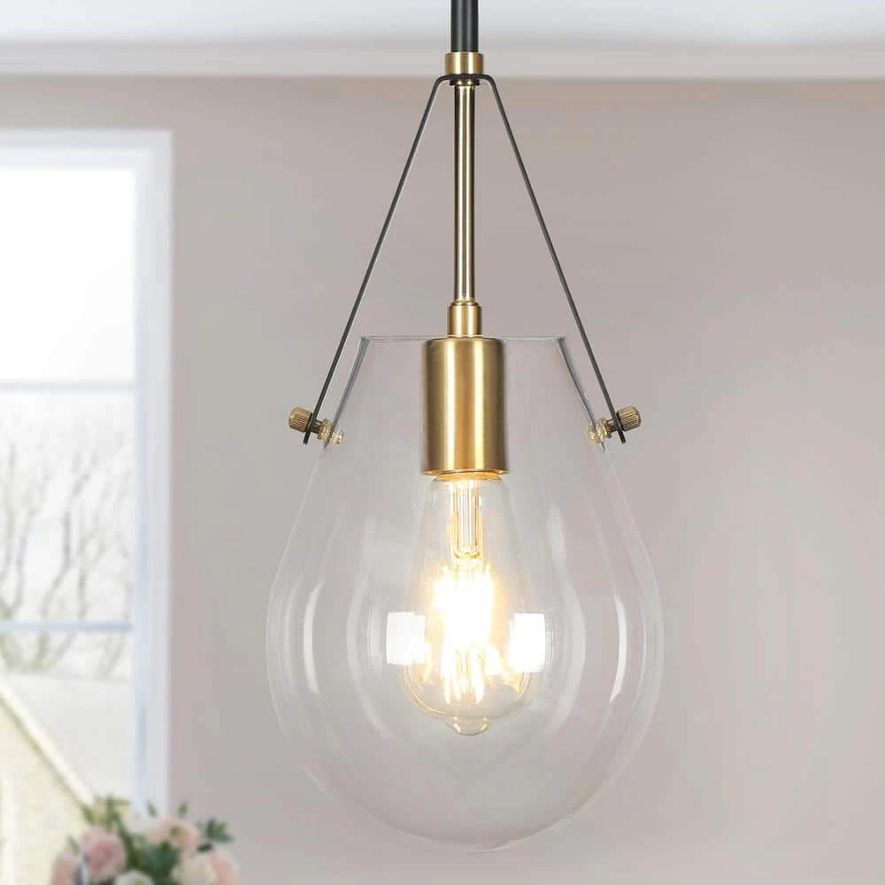 Modern Industrial Island Pendant Light, 1-Light Black Farmhouse Hanging Pendant light with Clear Gourd Glass Shade by Uolfin