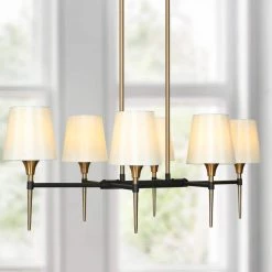 Modern Farmhouse Island Shaded Chandelier Light, 6-Light Brass and Black Chandelier with Cone Fabric Shades by Uolfin