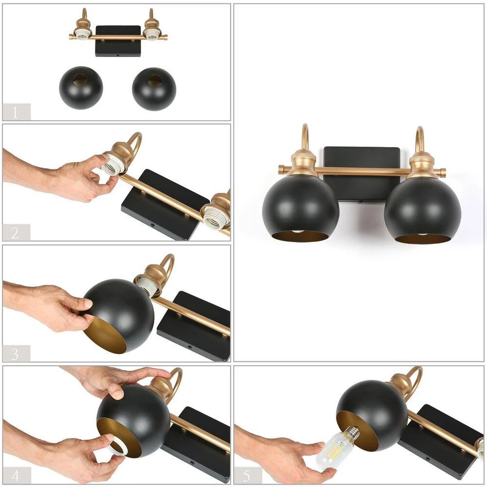 Farmhouse Gold Globe Vanity Light, 14 in. 2-Light Modern Black Bathroom Wall Light Sconce by Uolfin - Image 6