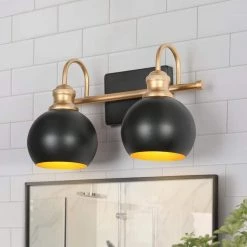Farmhouse Gold Globe Vanity Light, 14 in. 2-Light Modern Black Bathroom Wall Light Sconce by Uolfin