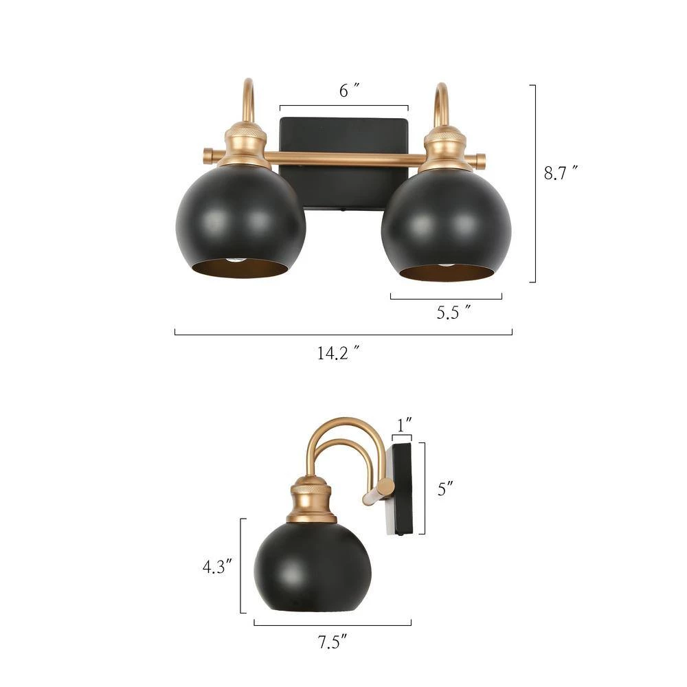 Farmhouse Gold Globe Vanity Light, 14 in. 2-Light Modern Black Bathroom Wall Light Sconce by Uolfin - Image 4