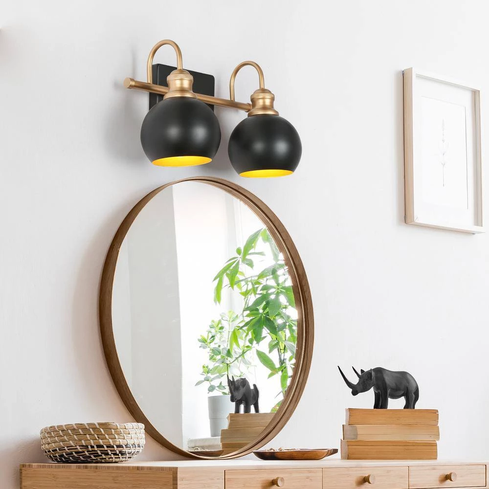 Farmhouse Gold Globe Vanity Light, 14 in. 2-Light Modern Black Bathroom Wall Light Sconce by Uolfin - Image 2