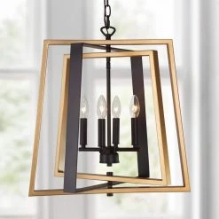 Gold Island Large Pendant Light, 4-Light Modern Black Candlestick Cage Chandelier with Geometric Frame by Uolfin