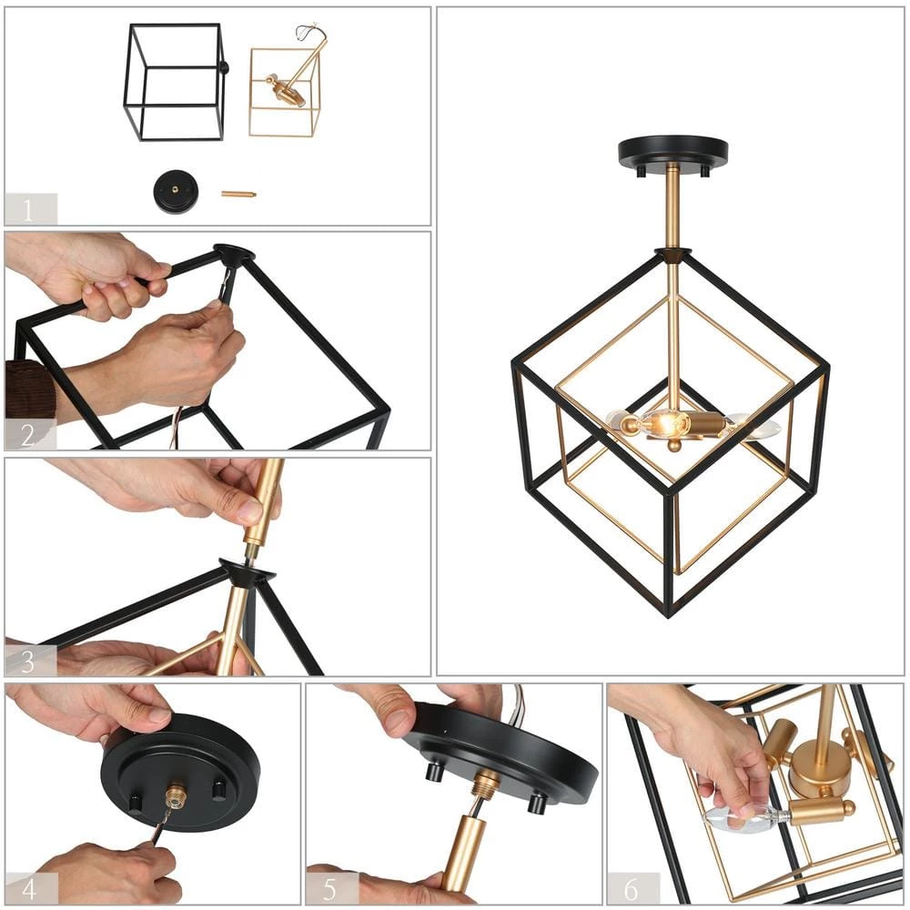 3-Light Black Gold Sputnik Geometric Modern Industrial Caged kitchen Semi-Flush Mount Chandelier for Dining Room by Uolfin - Image 7