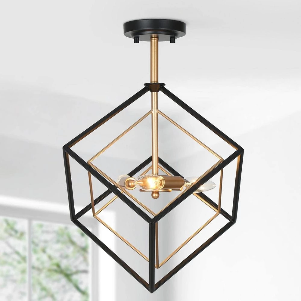3-Light Black Gold Sputnik Geometric Modern Industrial Caged kitchen Semi-Flush Mount Chandelier for Dining Room by Uolfin