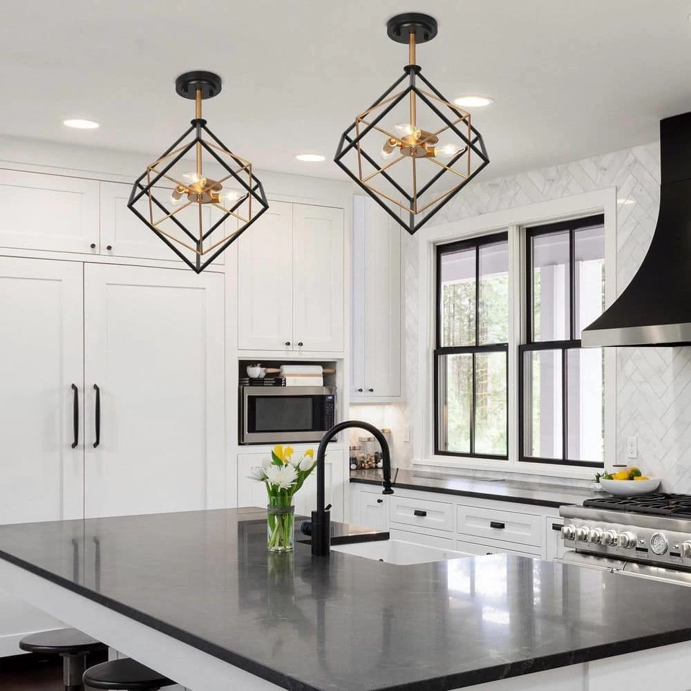 3-Light Black Gold Sputnik Geometric Modern Industrial Caged kitchen Semi-Flush Mount Chandelier for Dining Room by Uolfin - Image 4