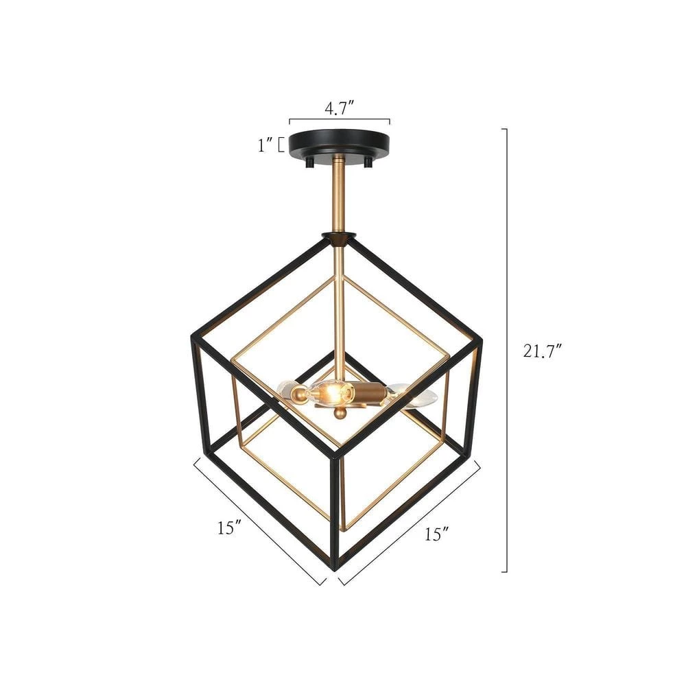 3-Light Black Gold Sputnik Geometric Modern Industrial Caged kitchen Semi-Flush Mount Chandelier for Dining Room by Uolfin - Image 5