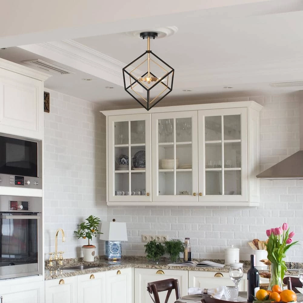 3-Light Black Gold Sputnik Geometric Modern Industrial Caged kitchen Semi-Flush Mount Chandelier for Dining Room by Uolfin - Image 2