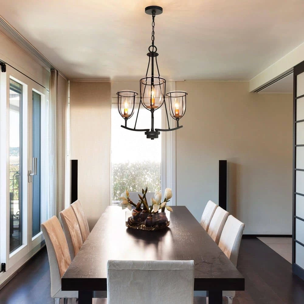 Modern Industrial Black Island Chandelier, 3-Light Farmhouse Gold Candlestick Chandelier Light with Clear Glass Shade by Uolfin - Image 3