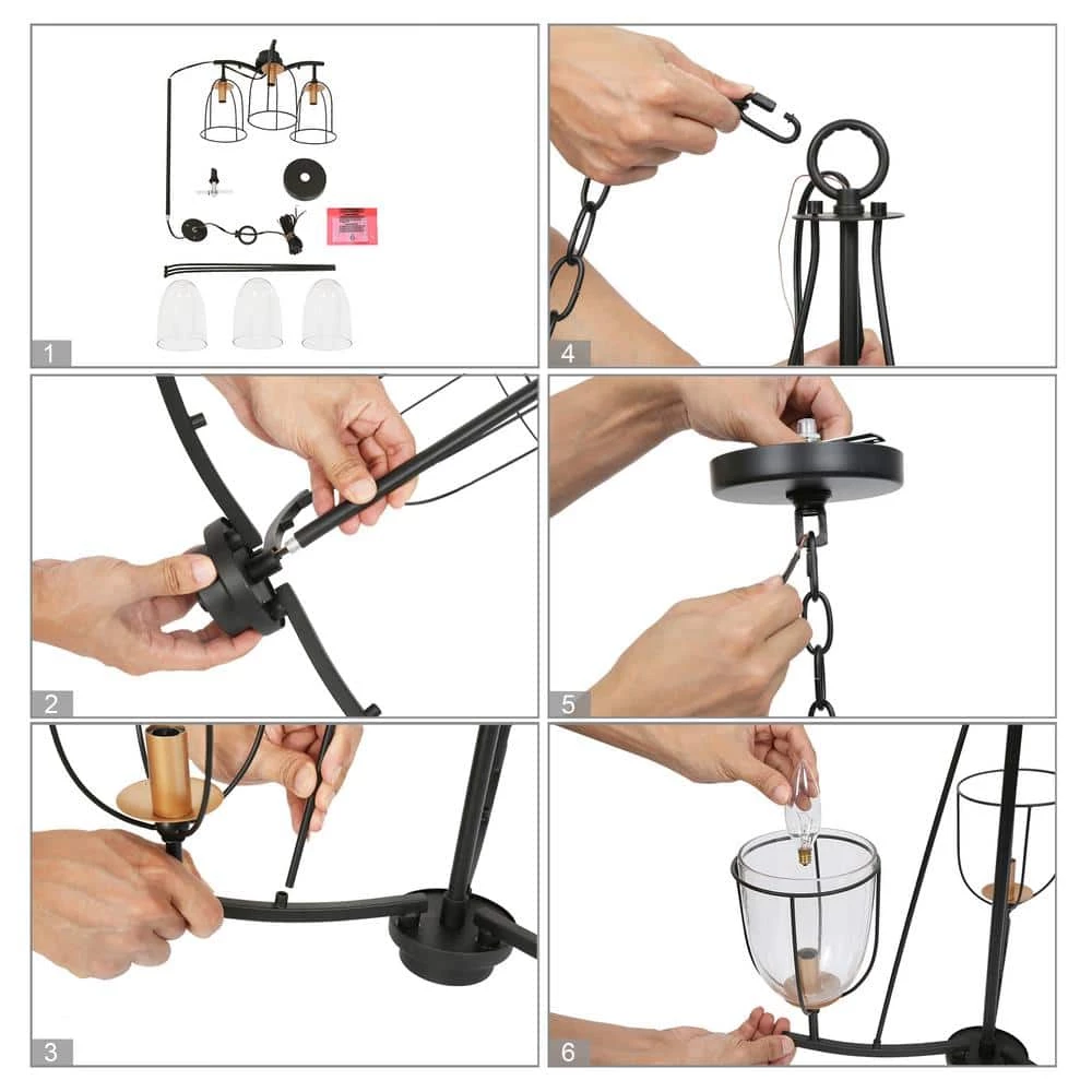 Modern Industrial Black Island Chandelier, 3-Light Farmhouse Gold Candlestick Chandelier Light with Clear Glass Shade by Uolfin - Image 6