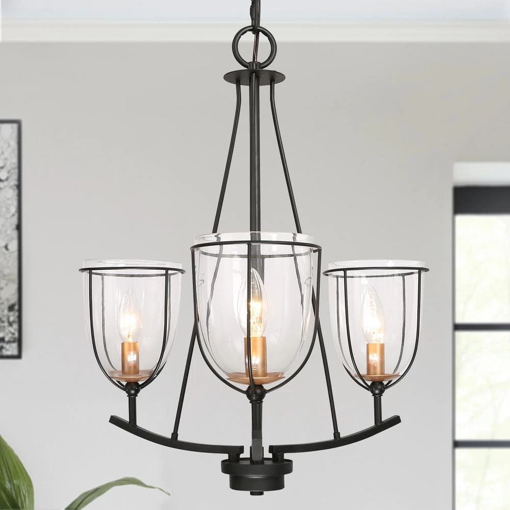 Modern Industrial Black Island Chandelier, 3-Light Farmhouse Gold Candlestick Chandelier Light with Clear Glass Shade by Uolfin