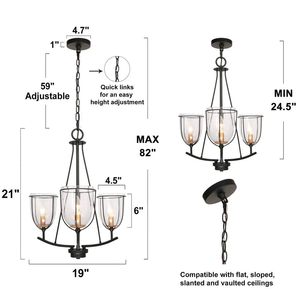 Modern Industrial Black Island Chandelier, 3-Light Farmhouse Gold Candlestick Chandelier Light with Clear Glass Shade by Uolfin - Image 4