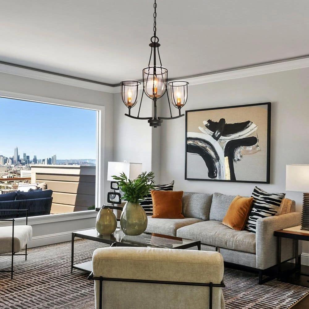 Modern Industrial Black Island Chandelier, 3-Light Farmhouse Gold Candlestick Chandelier Light with Clear Glass Shade by Uolfin - Image 2