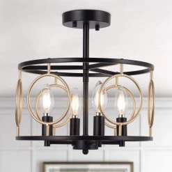 Modern Farmhouse Semi-Flush Mount, 12.8 in. 4-Light Black and Gold Drum Ceiling Light by Uolfin