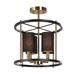 4-Light Modern Black and Brass Cage Semi-Flush Mount Light with Fabric Shades by Uolfin