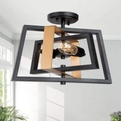 Modern Semi Flush Mount Lighting, 2-Light Farmhouse Black and Gold Bedroom Semi-Flush Mount Ceiling Light by Uolfin