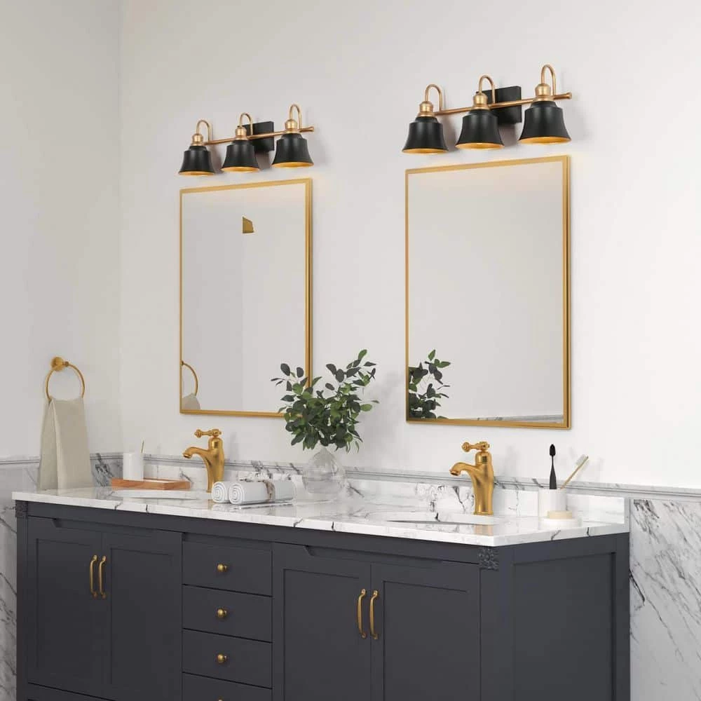 22.8 in. 3-Light Black and Gold Vanity Light with Metal Dome Shades by Uolfin - Image 3