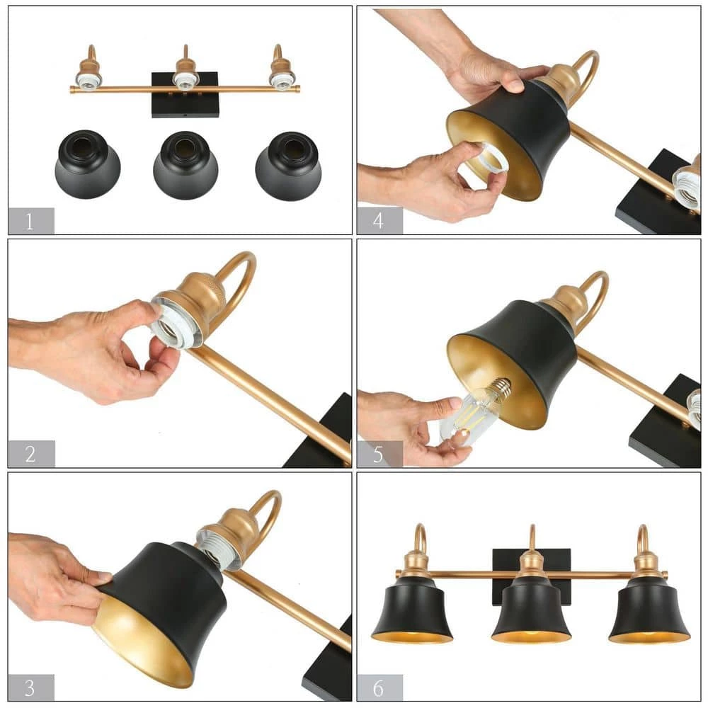 22.8 in. 3-Light Black and Gold Vanity Light with Metal Dome Shades by Uolfin - Image 6