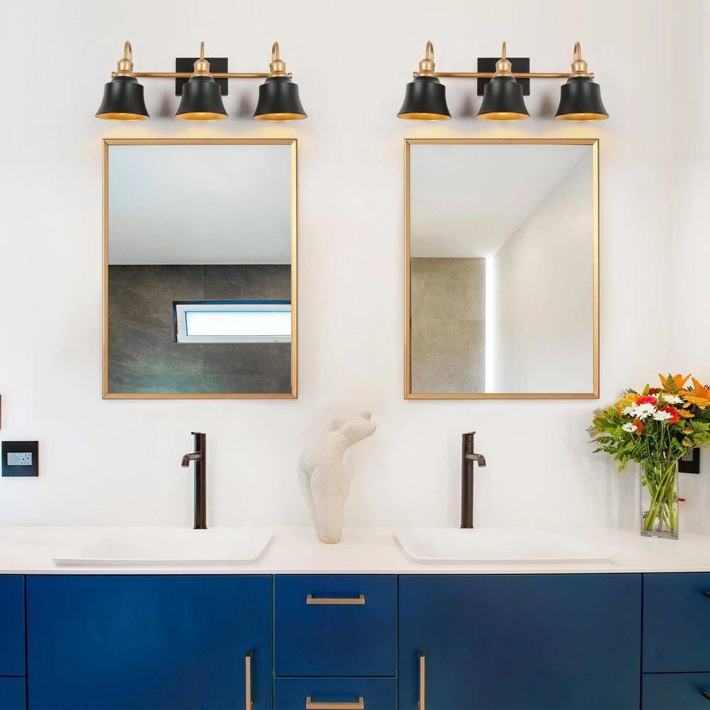 22.8 in. 3-Light Black and Gold Vanity Light with Metal Dome Shades by Uolfin - Image 7