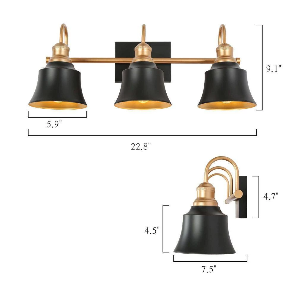 22.8 in. 3-Light Black and Gold Vanity Light with Metal Dome Shades by Uolfin - Image 4