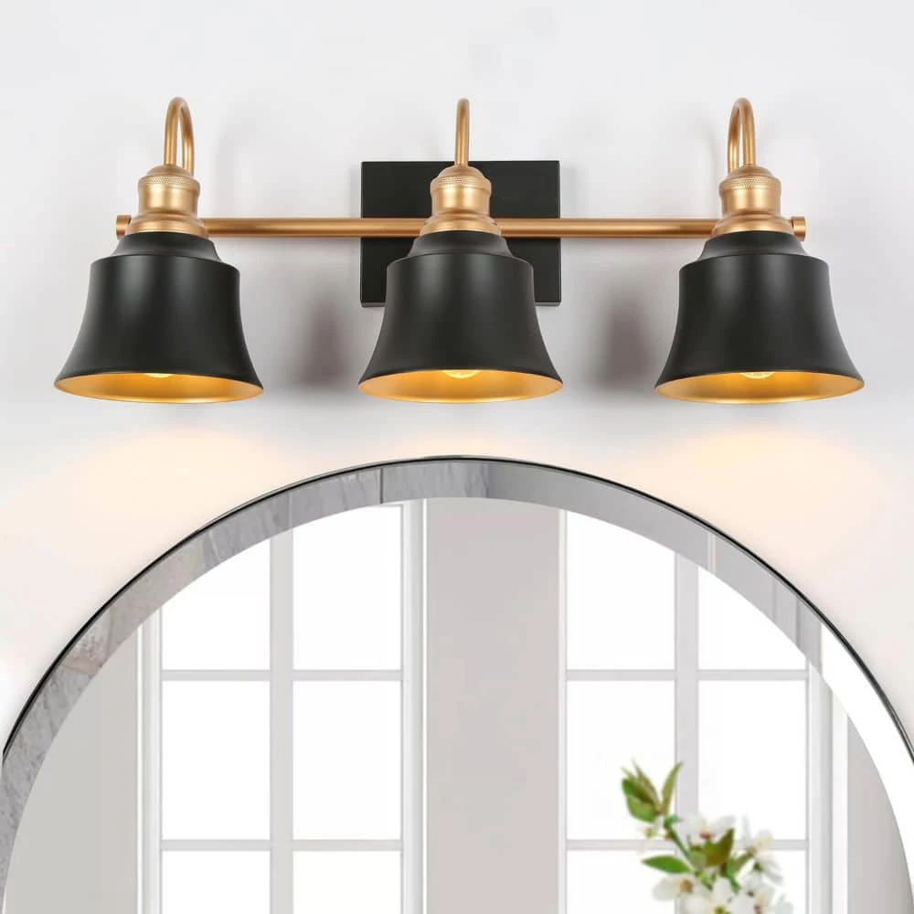 22.8 in. 3-Light Black and Gold Vanity Light with Metal Dome Shades by Uolfin - Image 2